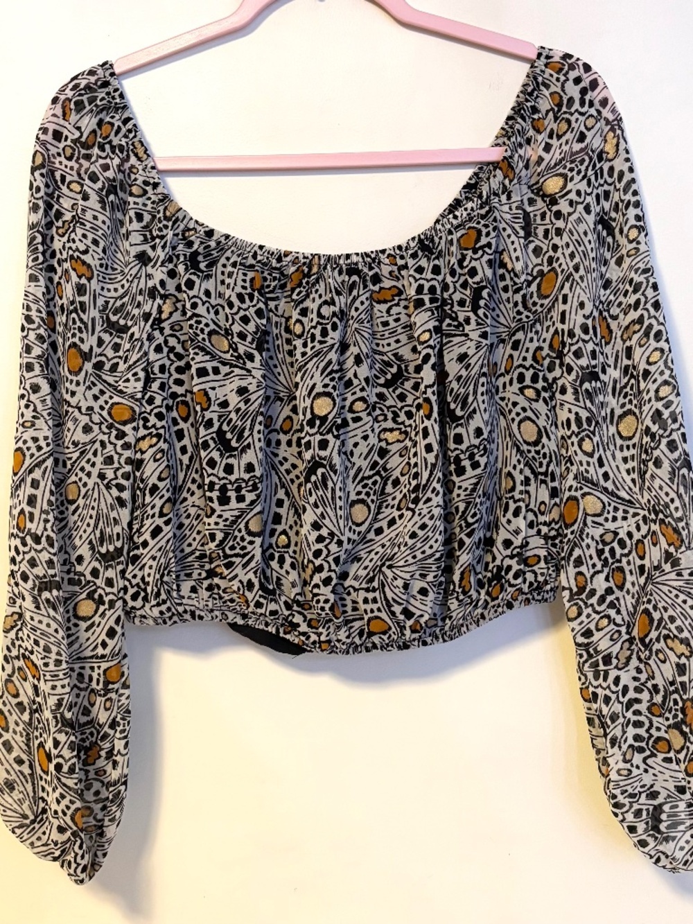 Express Rachel Zoe Off Shoulder Crop Quarter Sleeve Blouse Top Black Butterfly M